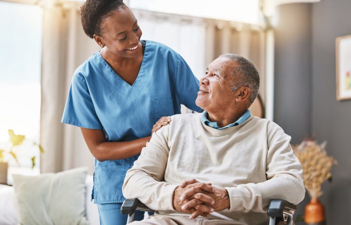 Help, support and wheelchair with nurse and old man for disability, rehabilitation or healing. Retirement, physiotherapy and healthcare with patient and black woman nursing home for medical caregiver